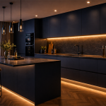 Съвременна кухня с вечерно осветление